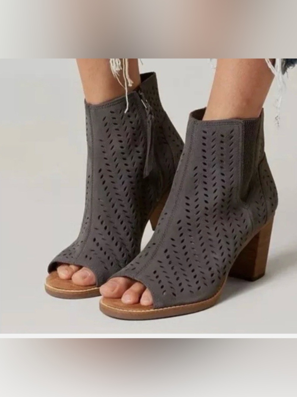 TOMS FORGED IRON SUEDE MAJORCA PEEP TOE BOOTIES GREY PERFORATED LEAF Size 9